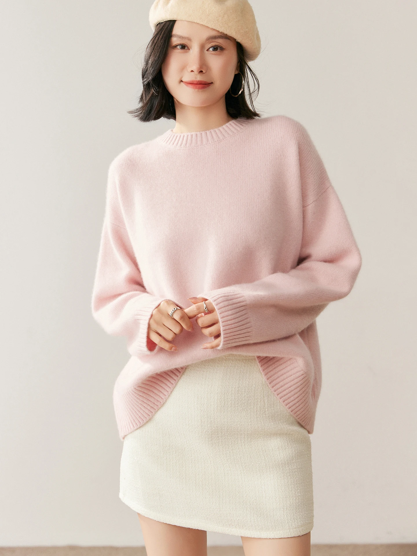 TLOML Jesienno-Zimowy Sweter Damski 100% Kaszmir Okrągły Dekolt Długi Rękaw Jednolity Kolor Miękki Ciepły Sweter z Kaszmiru Luźny Gruby Top