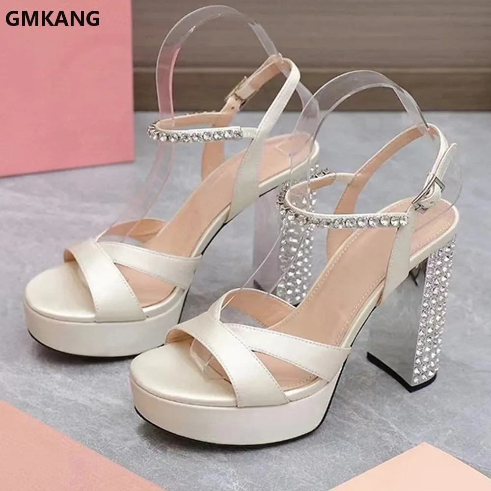 GMKANG Women's Chunky Heel Platform Sandals Crystal Rhinestone Ankle Strap High Heels Summer Party Dress Shoes Comfort Fit