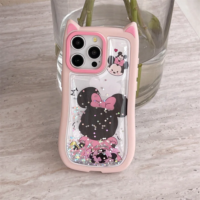 Zabawne etui na telefon Mickey Minnie Quicksand Bling Glitter do iPhone'a 15 14 13 12 Pro Max Disney Back Shadow Cat Ears Cover