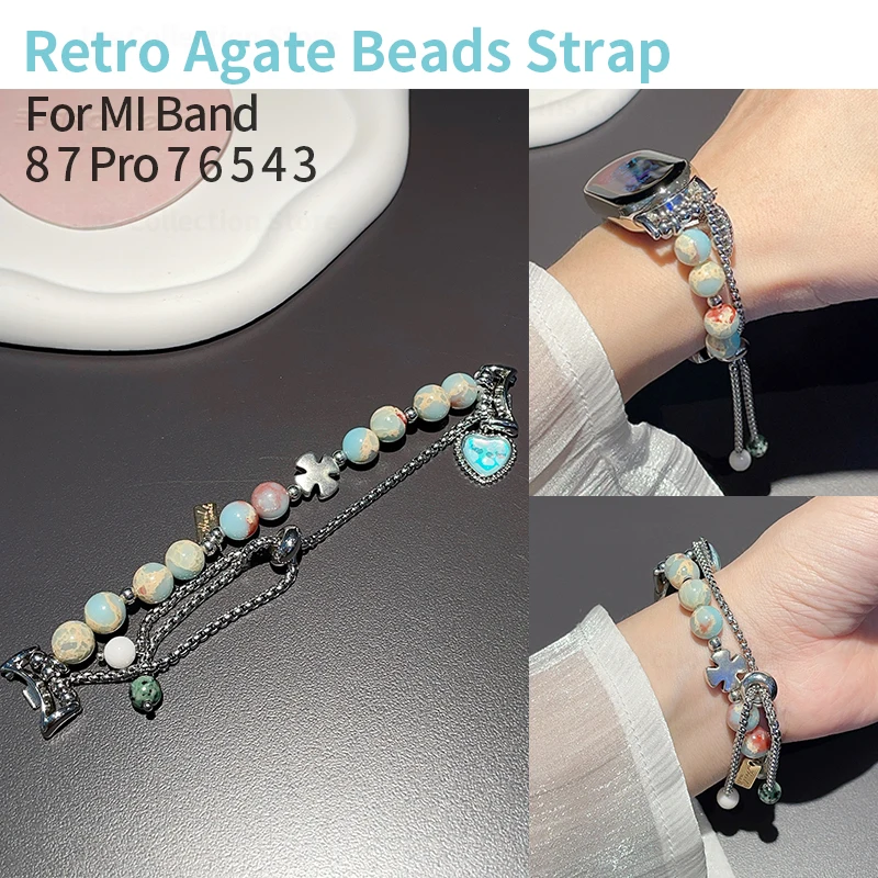 

Retro Agate Beads Strap for Miband 8 7 Pro Watchband Replacement for Xiaomi Mi Band 3 4 5 6 7 Women Jewelry Adjustable Bracelet