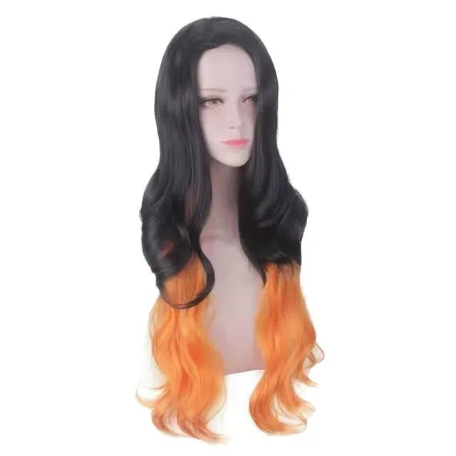 Cosplay Wig For Nezuko Kamado Gradual Black And Orange Natural Female Side Part Long Curly Hair Style