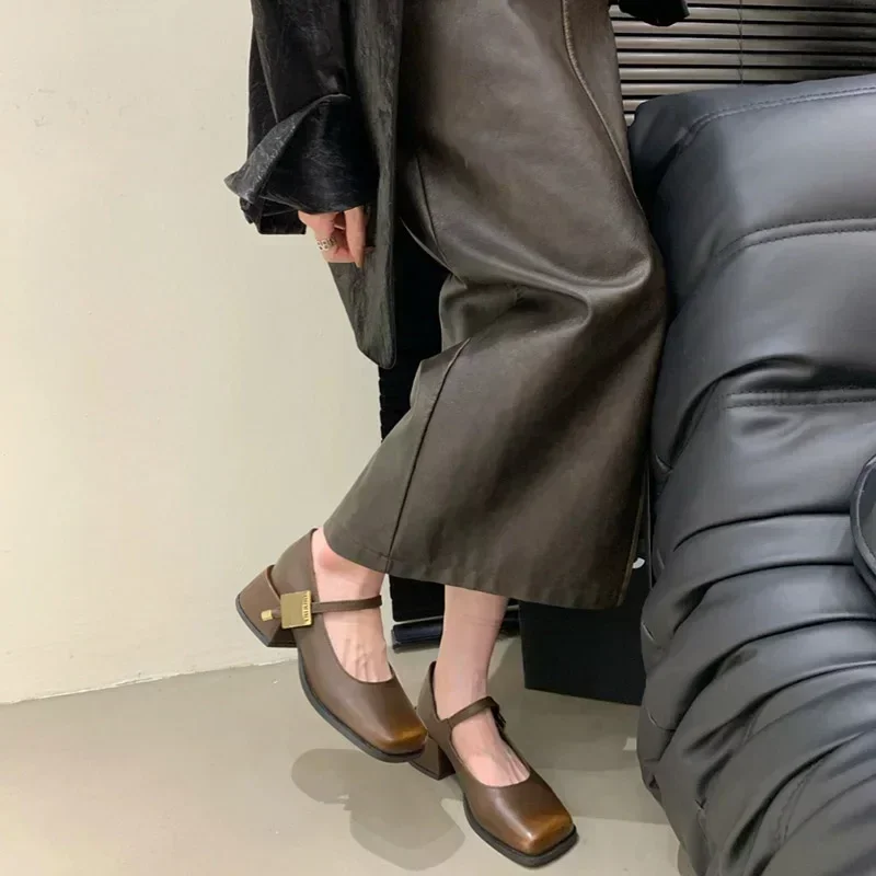 Spring Women Mary Jane Shoes Fashion Shallow Buckle Ladies Elegant Square Heel Single Shoes Street Style Pumps Shoes