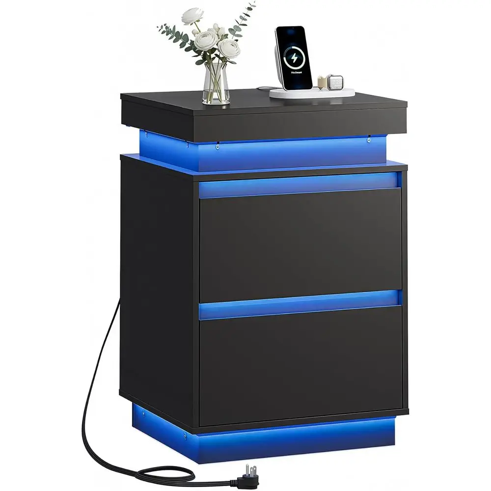 

Black Nightstand with Charging Station and LED Lights, Bedside Table with 2 Wooden Drawers and Sliding Top, Modern, Customized