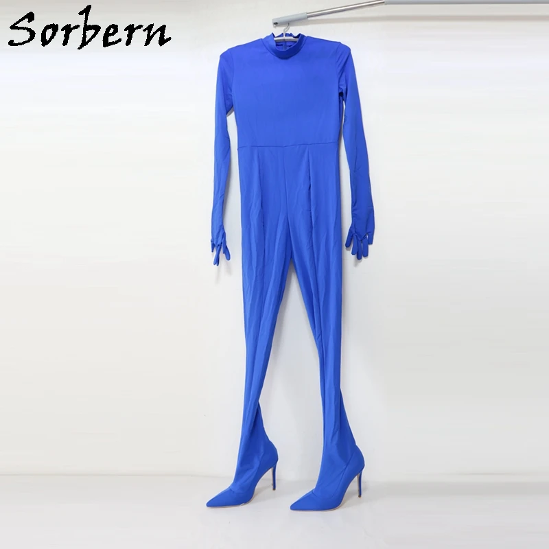 Sorbern dunkelgrüner Körper Anzug lange Handschuhe hoher Hals hoher Absatz Catsuit benutzer definierte zu Körper Catsuit High Heel Stilettos Legging Stiefel