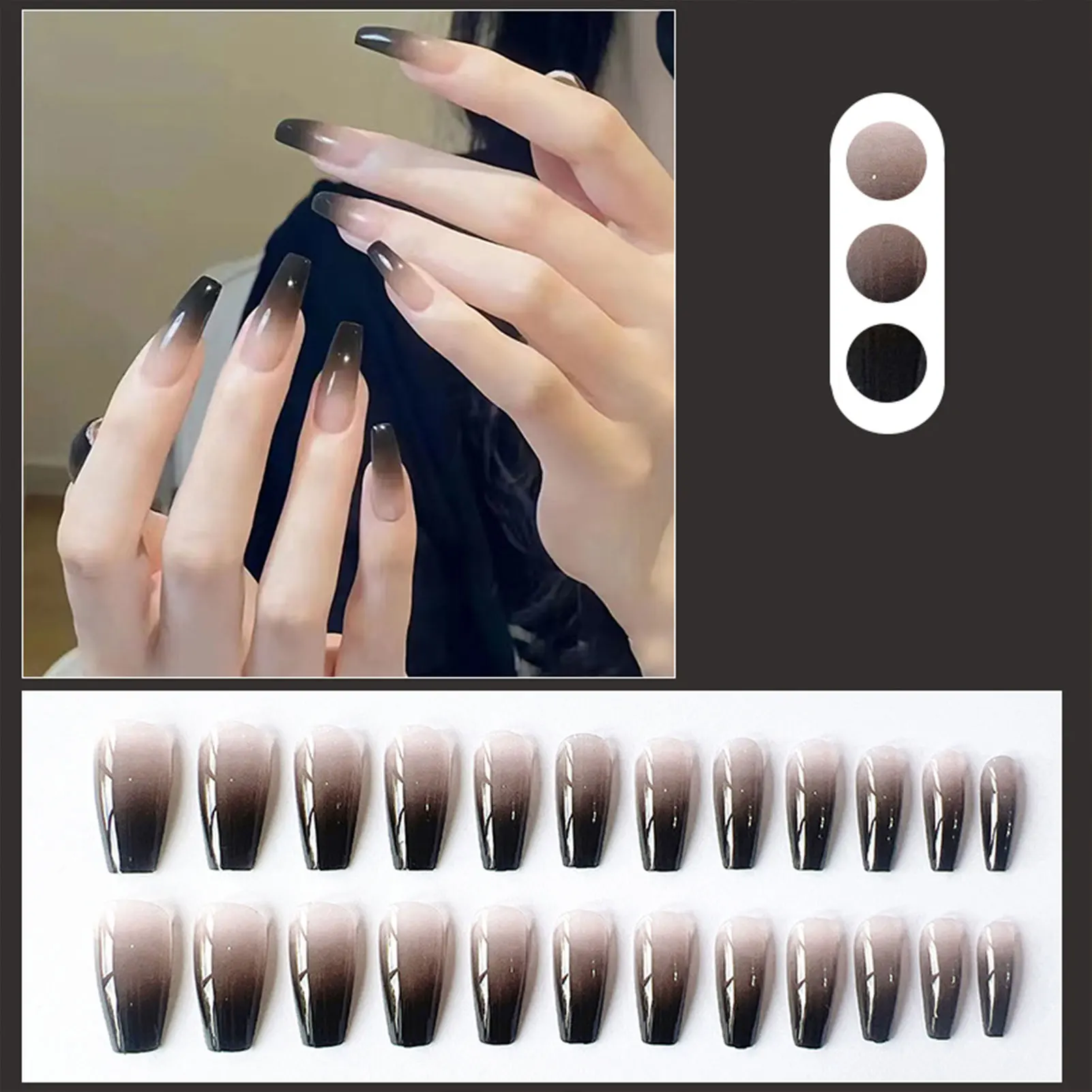 24pcs Cool Girl False Nails Press On Long Coffin Square Ballet Nail Tips Full Cover Acrylic Fake Nail With Black Gradient Design