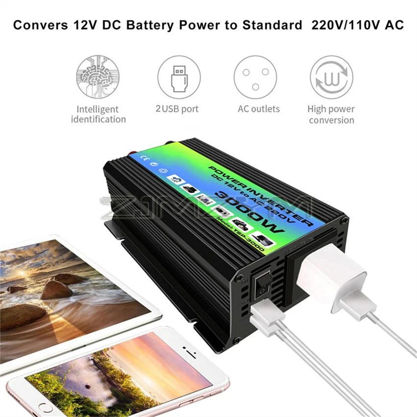 3000 واط سيارة العاكس 12 فولت تيار مستمر إلى 110 فولت/220 فولت التيار المتناوب محول طاقة LED عرض المزدوج USB نقية شرط موجة جديد سيارة العاكس شاحن