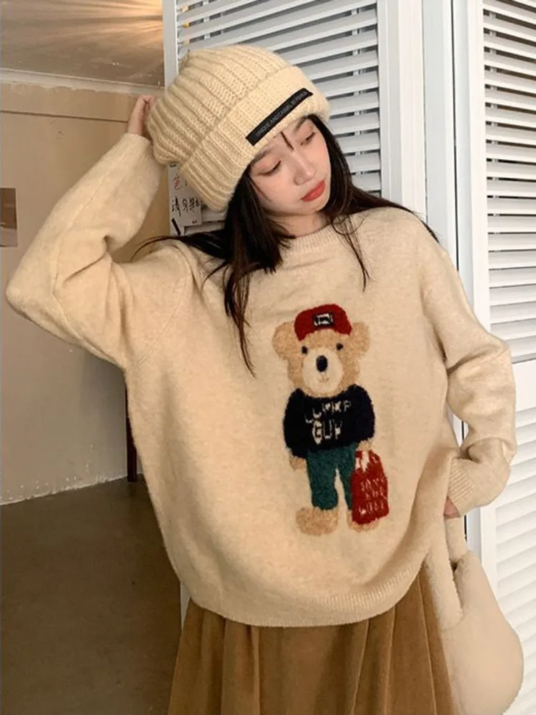 Cute Bear Embroidery Autumn Winter Sweater Women Loose Round Collar Kawaii Knit Top Harajuku Long Sleeve Sueter Mujer Pullover