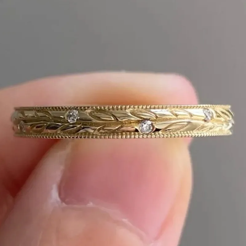 Classic Inlaid White CZ Branch Women's Ring Trendy Golden Color Hand Carving Daily Wear Party Jewelry Anniversary Gift