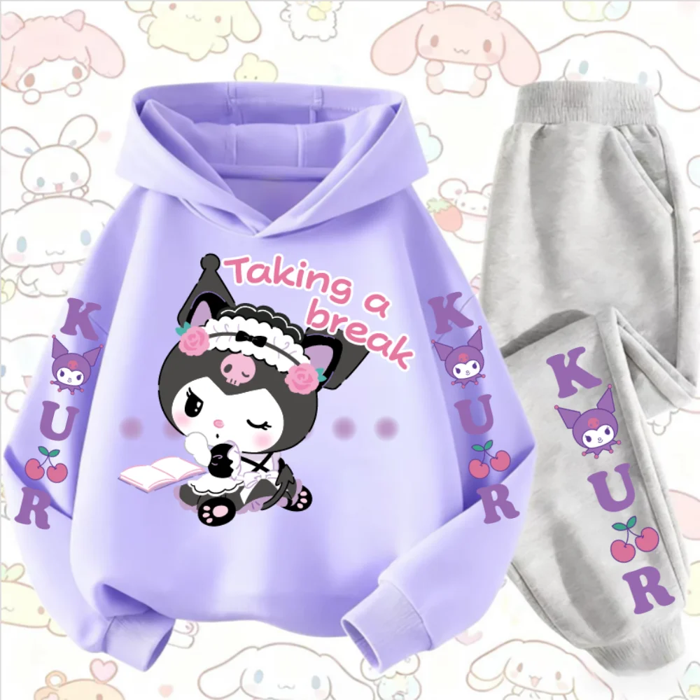 산리오 쿠로미 소녀들을 위한 패셔너블하고 편안한 야외 스포츠 후드티 & 캐주얼 바지 남녀 공용 가을 및 겨울용