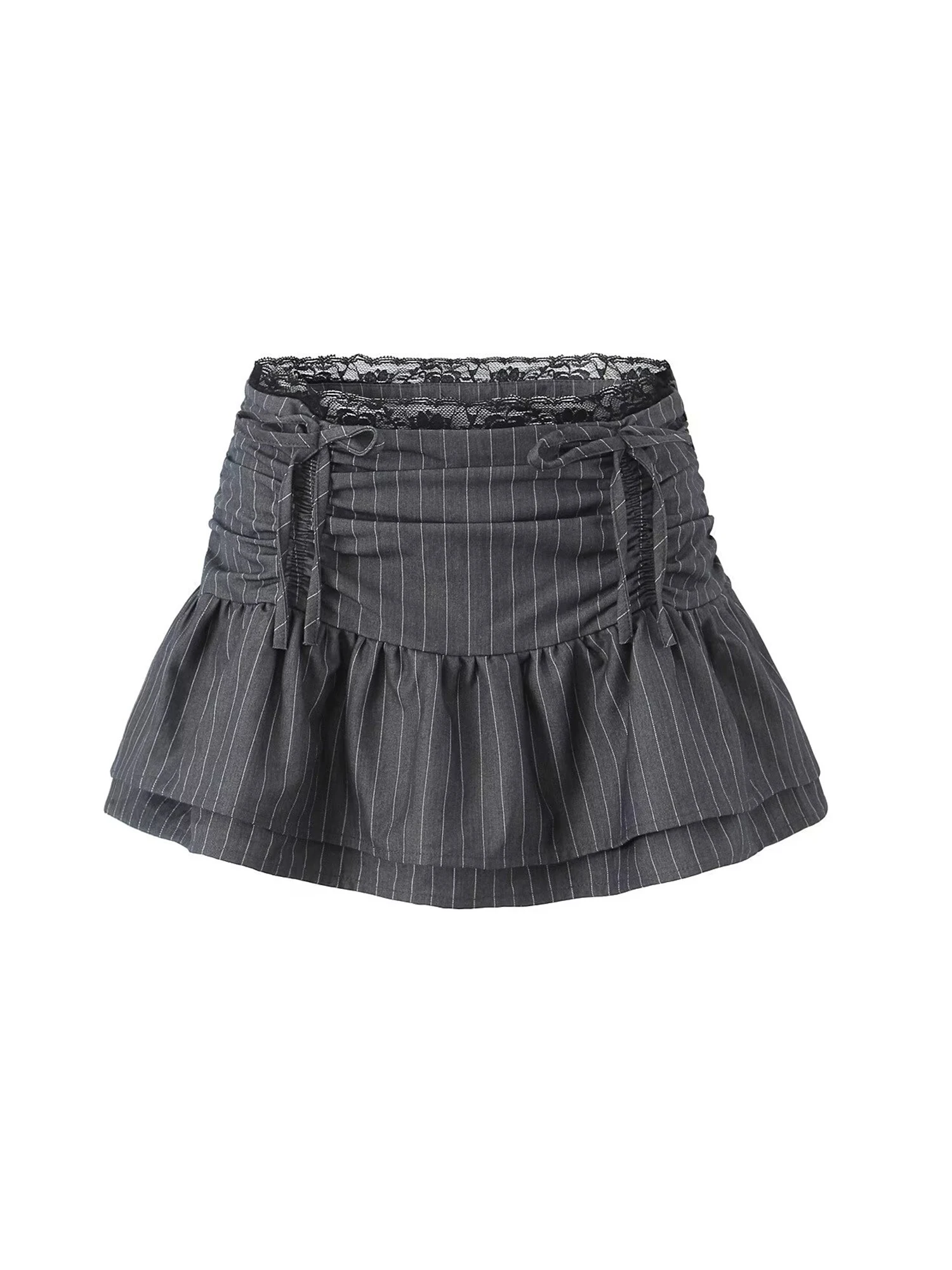 

Women Dark Grey A-line Striped Skirt Vintage Y2k Aesthetic Low Waist Bow Skirt Harajuku Patchwork Lace Mini Skirts 2000s Clothes