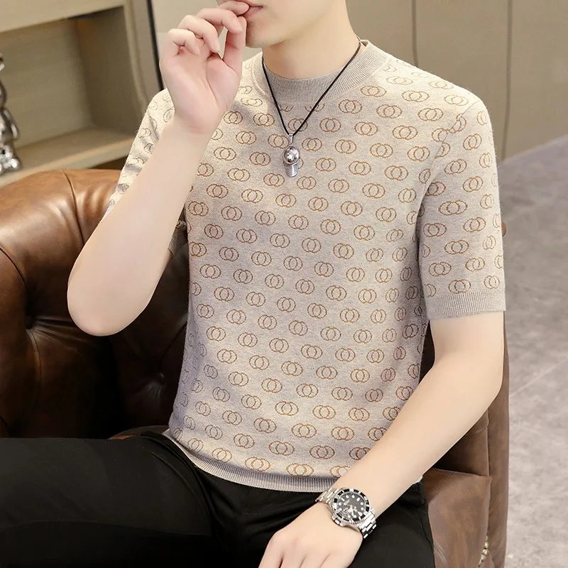 2024 Spring Autumn Jacquard Knitted Short Sleeve T-Shirts High Quality Round Neck Social Knit Pullover Versatile Casual Tee Tops