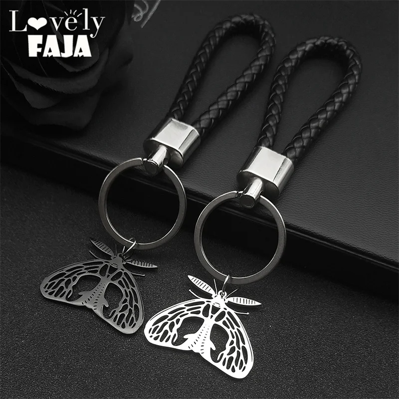 

Punk Witchcraft Moth Key Chain For Women Stainless Steel Silver Vintage Big Animal Key Ring Amulet Jewelry Hip Hop Gift K3803