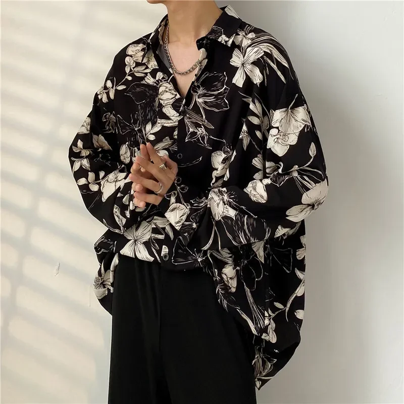 Spring Black Long-sleeved Shirt Men Fashion Society Mens Dress Shirt Korean Loose Casual Flower Shirt Mens Print Shirt M-3XL