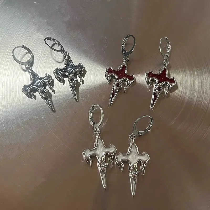 3 Pairs Of Gothic flame cross hanging ring earrings, imitation enamel pendant earrings, women's aesthetic jewelry