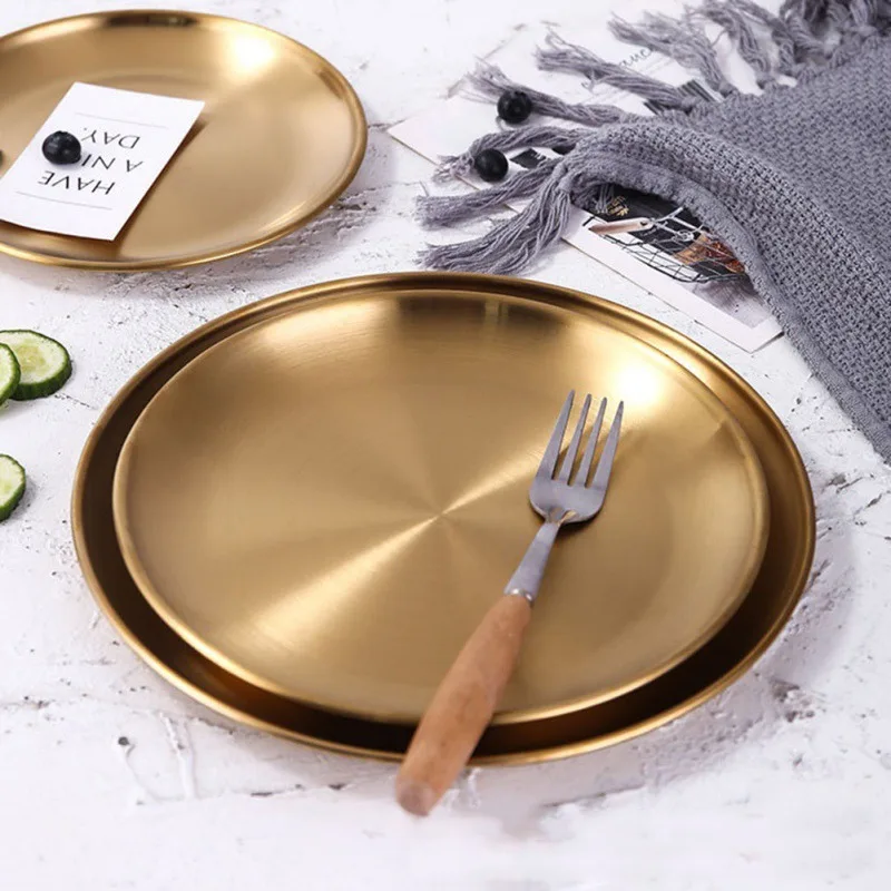 Golden Stainless Steel Storage Tray Luxurious Brass Gold Round Plate Fruit Cake Steak Snack Kitchen Metal Storage tableware Dish