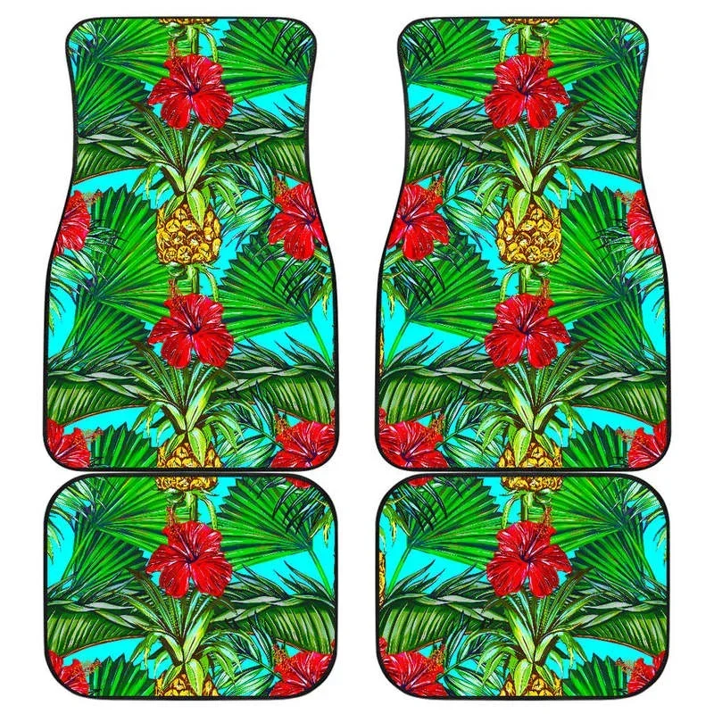 Pineapple Hibiscus Hawaii Pattern Print Front and Back Car Floor Mats Heavy Carpet Front and Rear Full Set 4PCs Pack