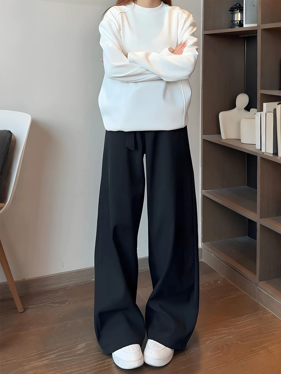 

Черные мужские брюки с широкими штанинами, осенне-зимние, свободного кроя, с высокой талией, прямые, повседневные, длинные, на флисе, в стиле Knife