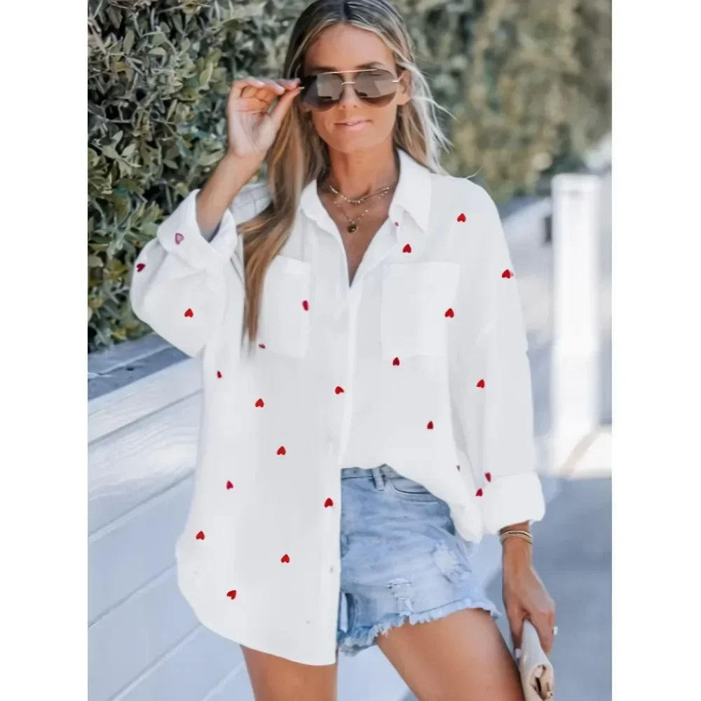 2024 Plus Size Women\'s American Casual Sun Protection Heart Print Loose Fit Layered Asymmetrical Round Neck Shirt