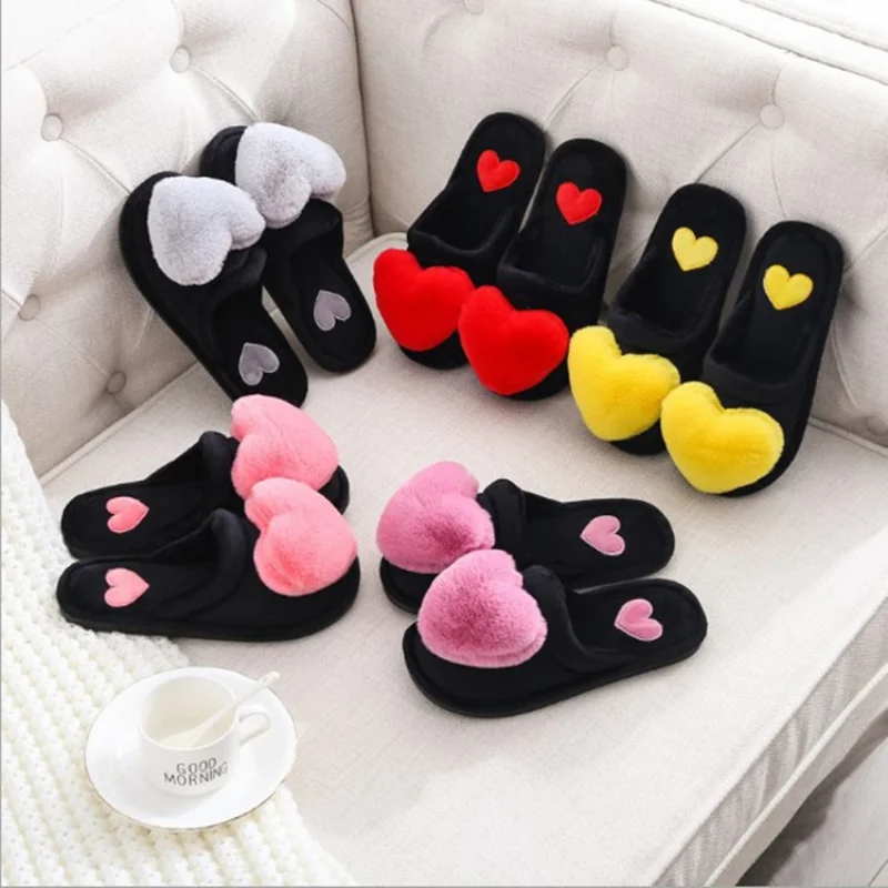 Autumn and Winter Heart Shaped Slippers Women\'s Warm Non-slip Platform Shoes Indoor Fashion Cute Cotton Slippers Chaussons Plats