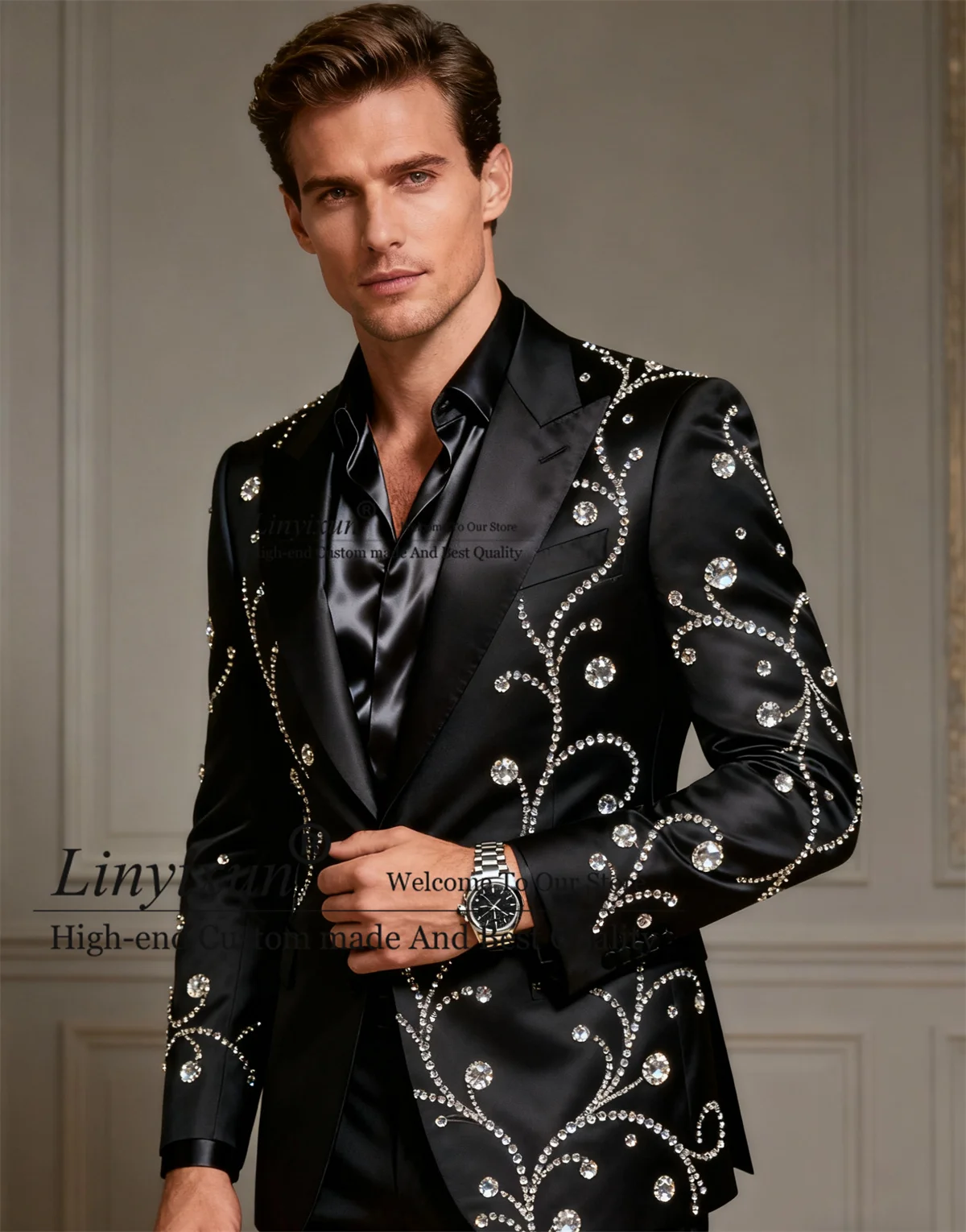 

Sparkly Ornament Rhinestone Men Suits Peaked Lapel Customized Wedding Tuxedos 2 Pieces Sets Party Groom Blazers Costume Homme