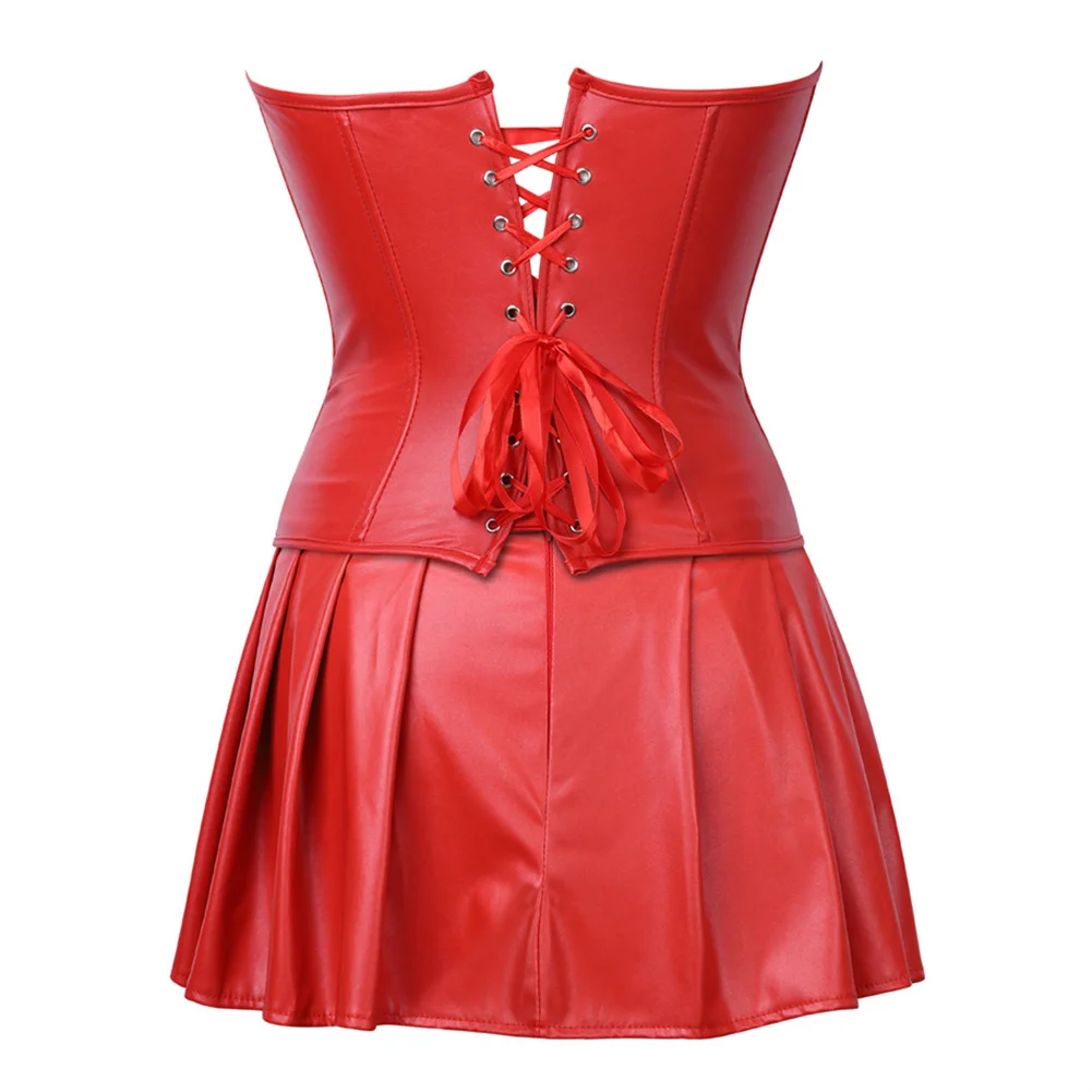 Women\'s Leather Red Corset With Skirt Gothic Faux Leather Cool Girl Clothes Lace Up Corset Dresses Plus Size Zipper Costume Red