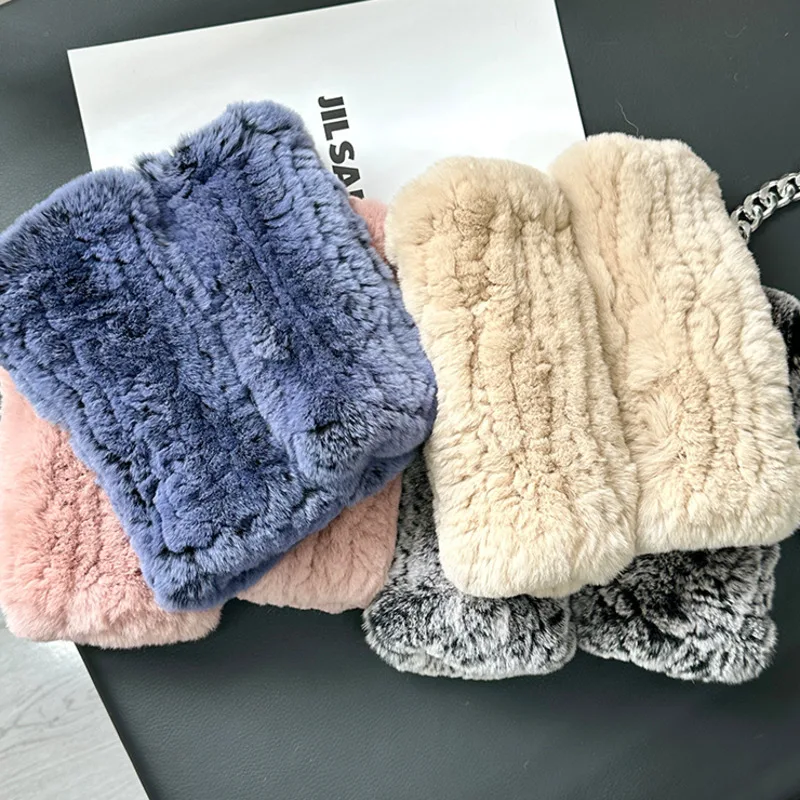 Winter Real  Rex Rabbit Fur Gloves Thickened Warm Half-Finger Gloves Elastic Handmade Knit Fur Mitten Real Fur Fingerless Gloves