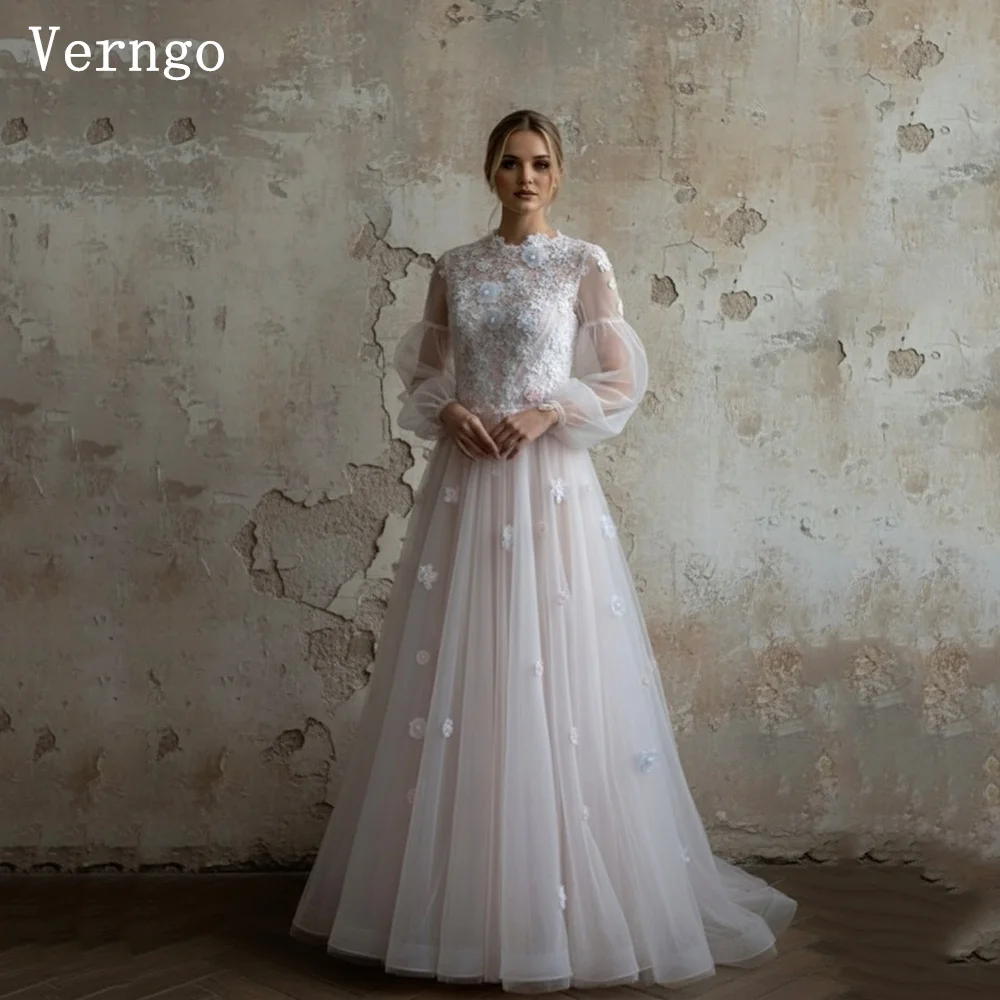 

Verngo Lvory Тюлевое вечернее платье с круглым вырезом и длинными рукавами, трапециевидные платья для выпускного вечера, аппликации, скромные вечерние платья по индивидуальному заказу