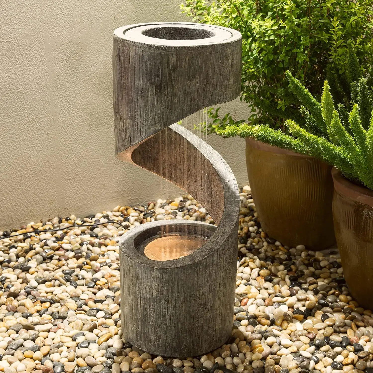 Tiered Outdoor Water Fountain with LED Light, Curved Waterfall Fountain with Stone Planter, Patio Water