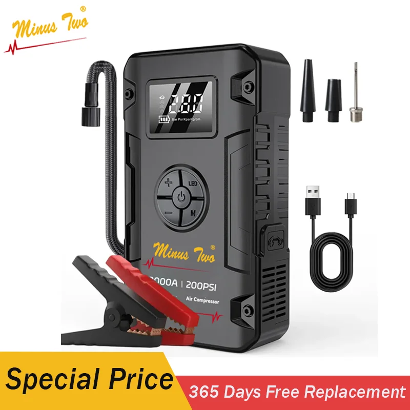 

Портативное пусковое устройство 8000А с воздушным компрессором 200PSI, внешний аккумулятор 4-в-1, для запуска автомобилей и подкачки шин