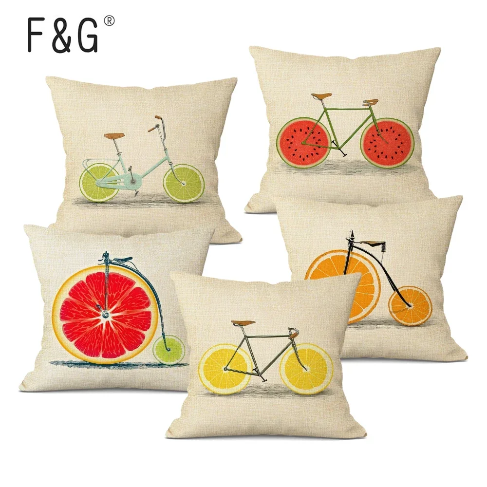 

Orange Lemon Bicycle Decorative Cushion Covers Yellow Throw Pillow Case Square Pillowcase for Home Decor