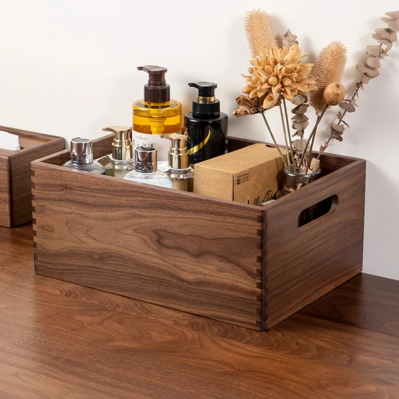 

Walnut Solid Wood Handheld Organizer Basket Desktop Cosmetic Holder And Miscellaneous Storage Tray Compartment Storage Box
