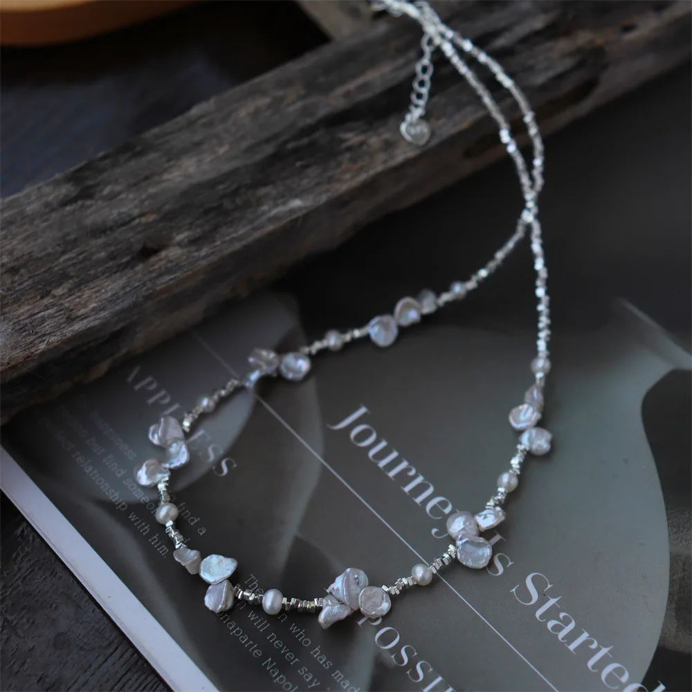 New Arrival Irregular Broken Metal Beads Light Luxury Niche Russia Style Baroque Petal Pearl Necklace Clavicle Neck Chain