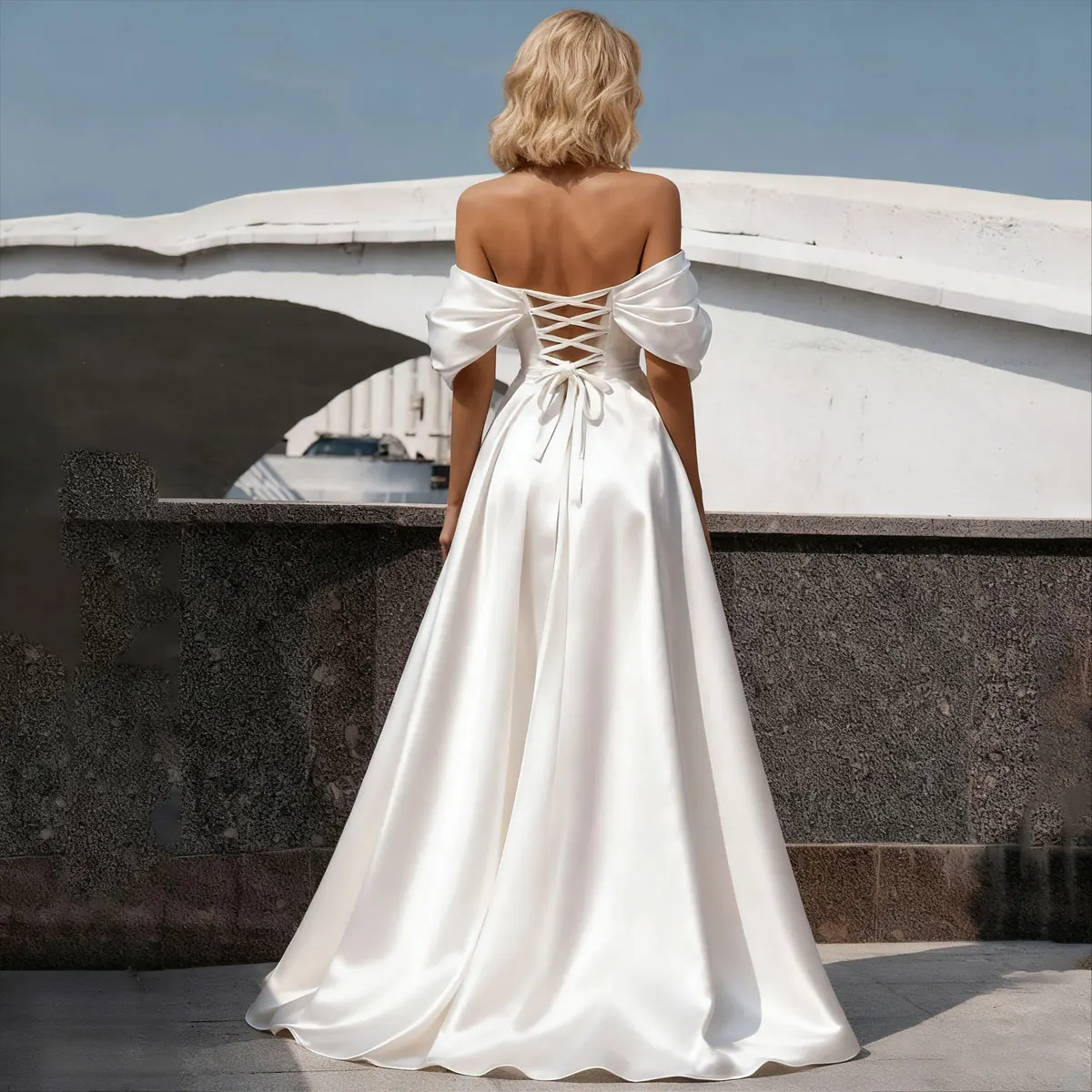 Elegant Vestidos Novia Satin Puffy Wedding Dress For Bride Long Off Shoulder Ball Gown Puffy V Neck Bridal Gown For Women