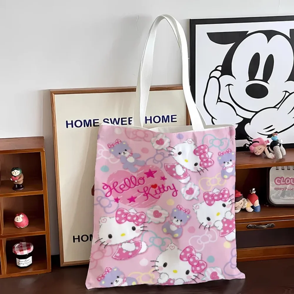 

Холщовые сумки в стиле аниме Sanrio Hello Kitty с милым мультяшным котом Kt, большая вместительная женская сумка для покупок, дорожный органайзер, сумка на плечо
