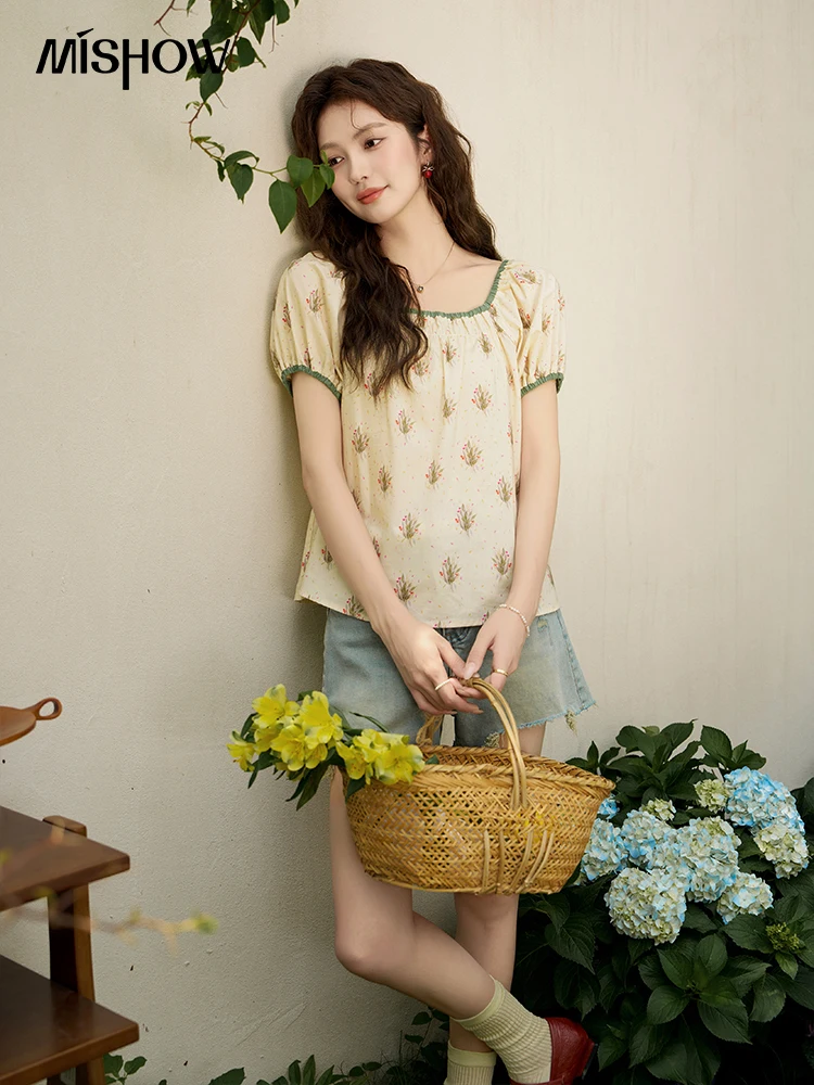 MISHOW Floral 100 Cotton Blouses Women 2024 Summer Korean Loose Square Neck Contrast Slim Bubble Sleeve Loose Tops MXD24X1511