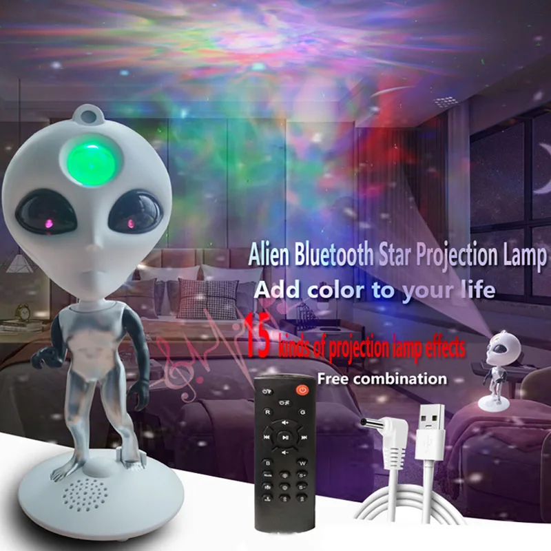 

Проектор Alien Galaxy с питанием от USB, светодиодный лазерный звездный ночник с дистанционным управлением, динамик, вращающаяся атмосферная лампа Aurora