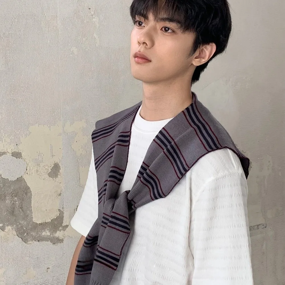 

Simple Classic Men Knitted Shawl Wraps Korean Style Stripe Scarf Cloak Knotted Fake Collar Wraps Clothes Decoration