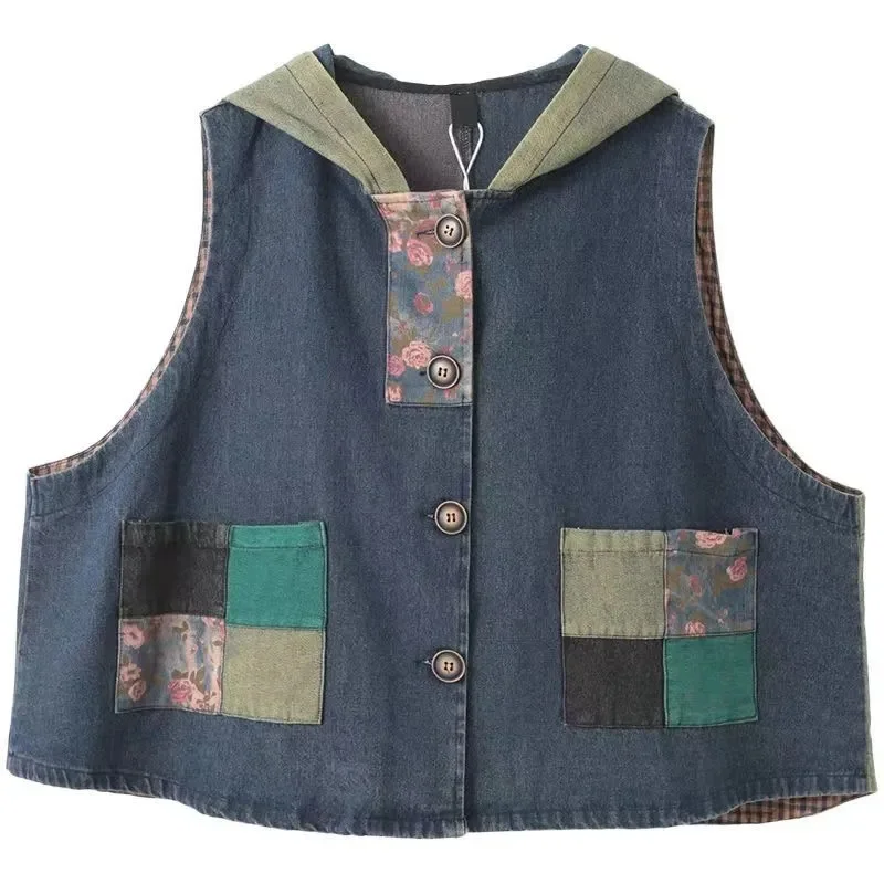 5XL Denim Vest Women\'s Hooded Sleeveless Jacket Spring Summer 2023 New Femme Korean Vintage Printed Patchwork Denim Waistcoat