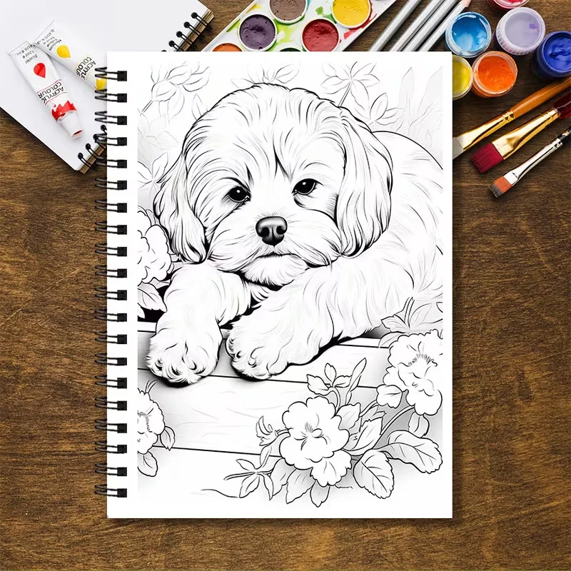 A4 Spiral Puppy Coloring Book for Adults 32 Pages Cute Dog Designs Relaxing Art Therapy Creative Gift