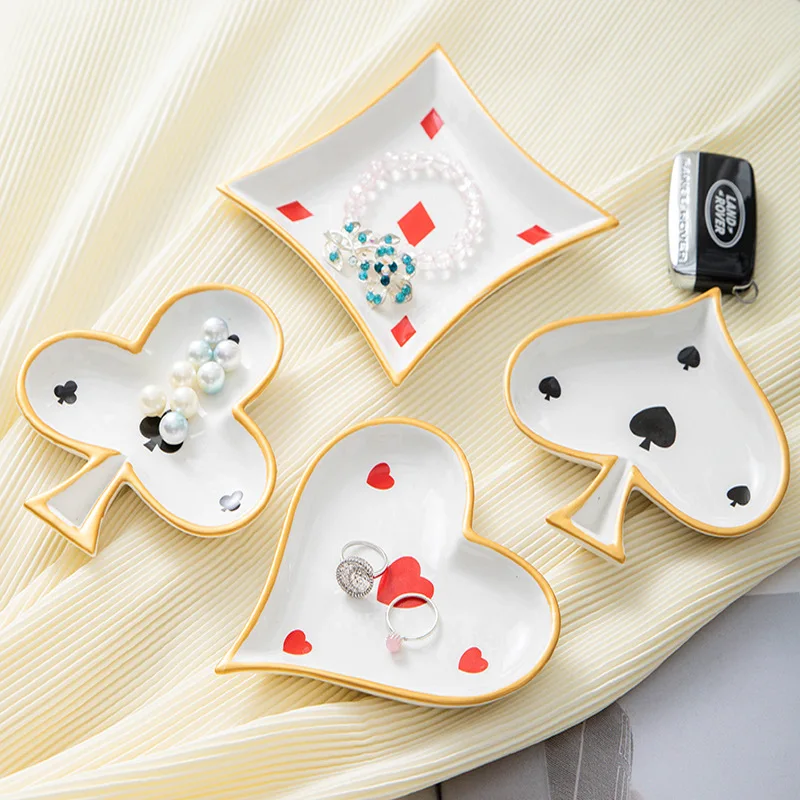 Poker Ceramic Ring Dish, Jewelry Tray & Fruit Plate, Card Suit Decor Storage Ornament for Bathroom Vanity
