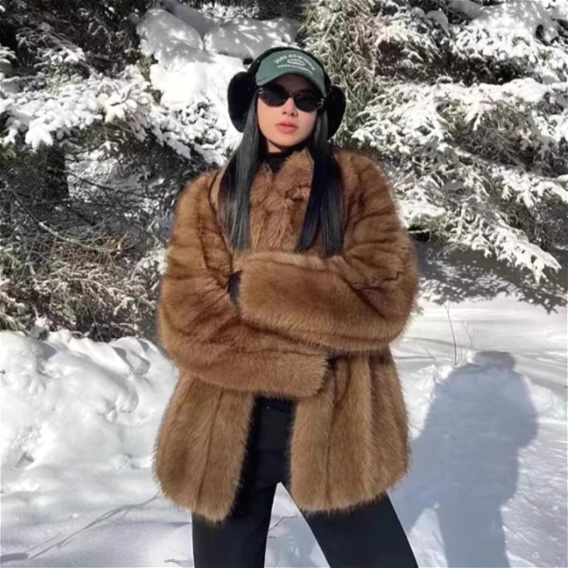 

Women Faux Fur Coats Mid Length Jackets Turn Down Collar Coat Thick Y2k Streetwear Jacket Elegant Work Outerwear Autumn Winter