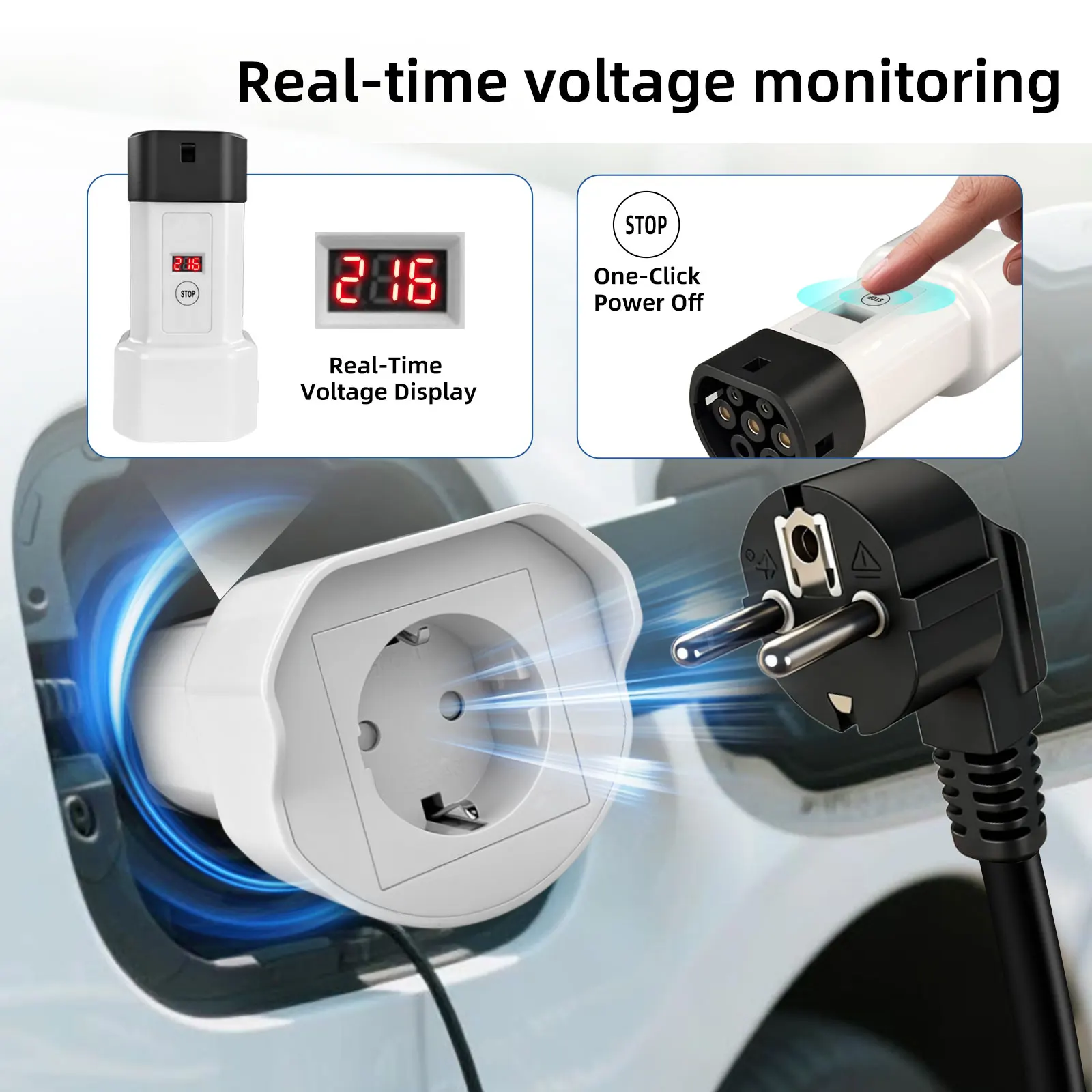 EVqiaoyi Type2 V2L Adapter with Schuko Socket One-Button Power-Off and Voltage Display Discharge Plug for Type2 Electric Cars