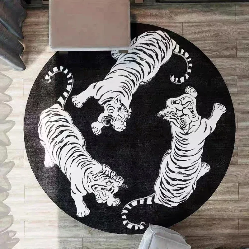 Round Living Room Large Area Carpet Black and White Bedroom Bedside Area Carpet Tiger Home Decoration Rug Easy Care Balcony Rugs