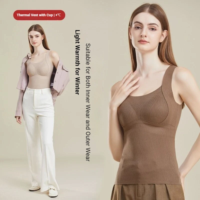Autumn and Winter Thermal Vest For Women Seamless Thickened Inner Camisole with Chest Pad Ladies Keep Warm Sleeveless Tank Tops