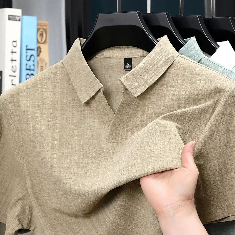 Wrinkle Free Textured Lapel Polo Mens Short Sleeve Shirt Comfort Fit For Daily Commute Dating And Indoor Rest Casual Outfit