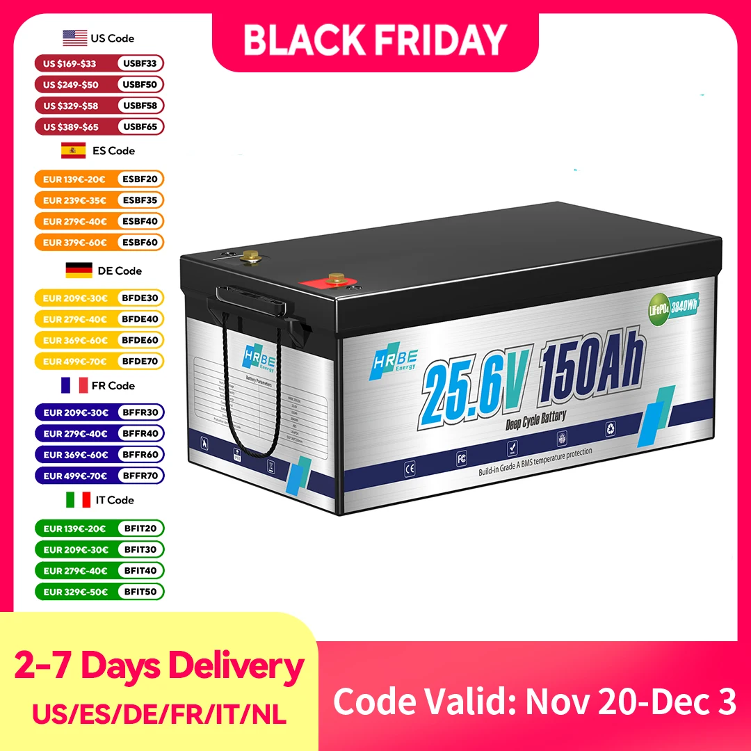 بطارية HRBEEnergy 24V 150Ah 3.84kWh ذات دورة عميقة LiFePO4 مع 100A BMS، مثالية في نظام تخزين الطاقة الشمسية/الطاقة الشمسية، البحرية، طاقة احتياطية #1