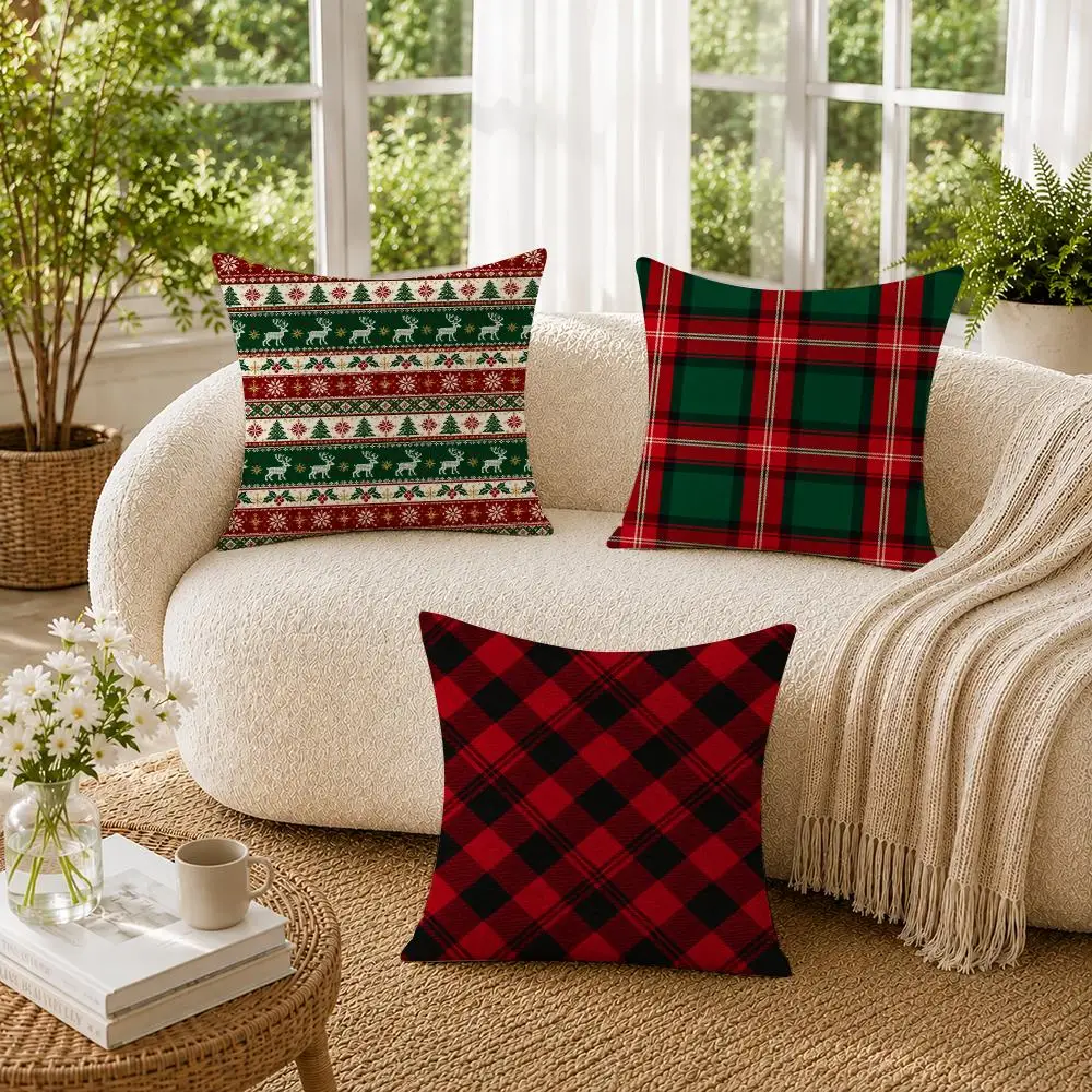 Christmas Plaid Cushion Cover Soft Short Plush Pillow Cases Hidden Zipper Cutecore Sofa Bedroom Home Decor Gift 2