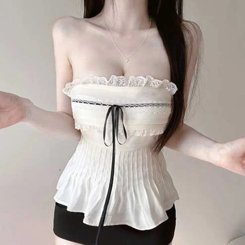 Korean Slim Pure Desire Style Sexy Hot Girl Off-Shoulder Lace Trim Tube Top For Women Fashion Sexy Women Tees 2025 New 2D6E