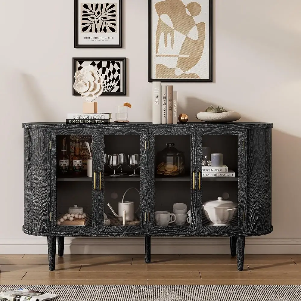 

Modern Farmhouse Sideboard, Curved Buffet Storage Cabinet With Glass Doors And Adjustable Shelves, Wood Accent Entryway Console