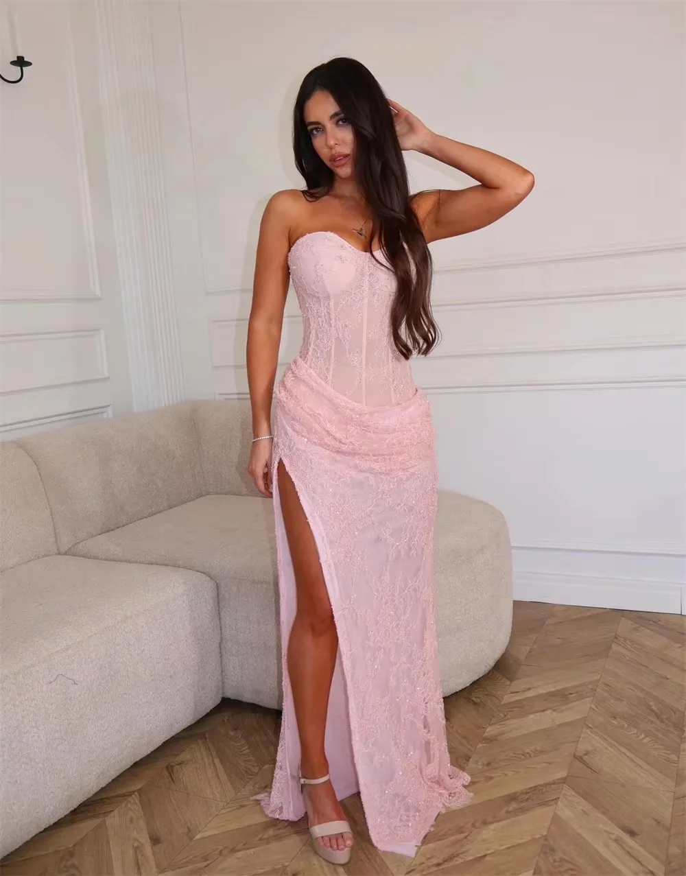 Women Sweetheart Neck Lace Evening Dresses Strapless High Split Floor Length Corset Prom Party Dresses